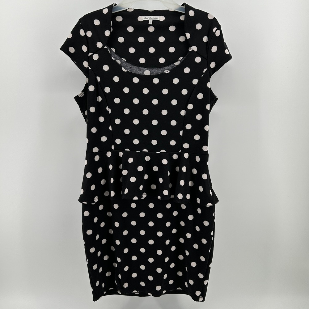 Charlotte Russe Black White Polka Dot Peplum Cap Sleeve Bodycon Dress XL Retro